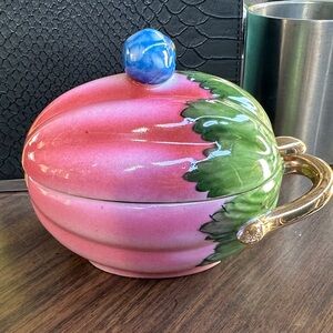 Japanese Hand Painted Pink and Green Ceramic Art Bowl with Gold Handle & Ladle
